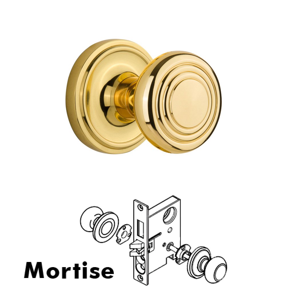 Complete Mortise Lockset - Classic Rosette with Deco Knob in Polished Brass