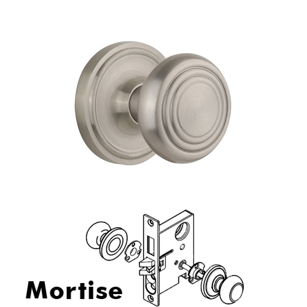 Complete Mortise Lockset - Classic Rosette with Deco Knob in Satin Nickel