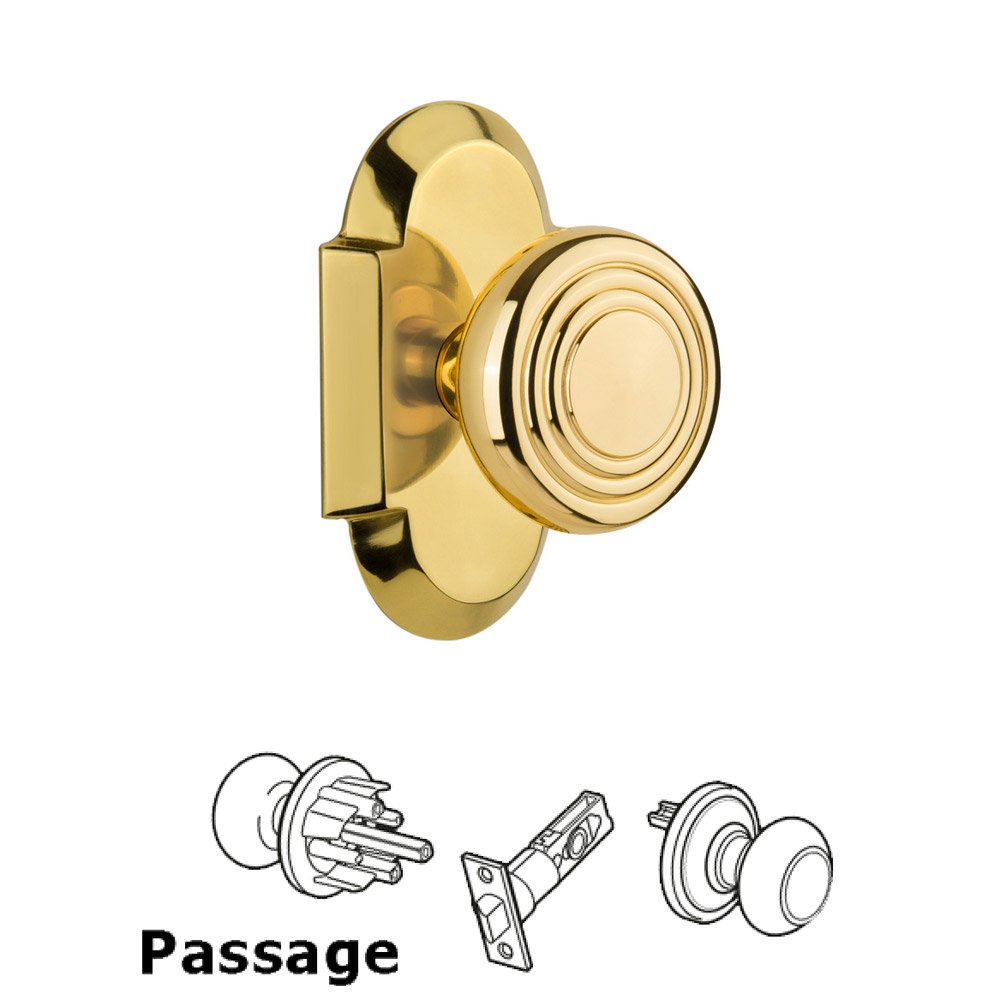 Complete Passage Set Without Keyhole - Cottage Plate with Deco Knob in Polished Brass