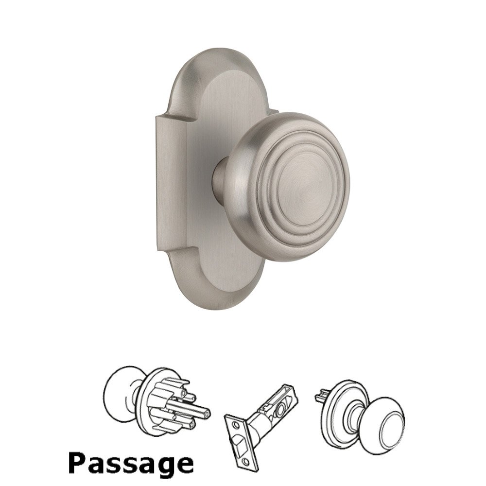 Complete Passage Set Without Keyhole - Cottage Plate with Deco Knob in Satin Nickel