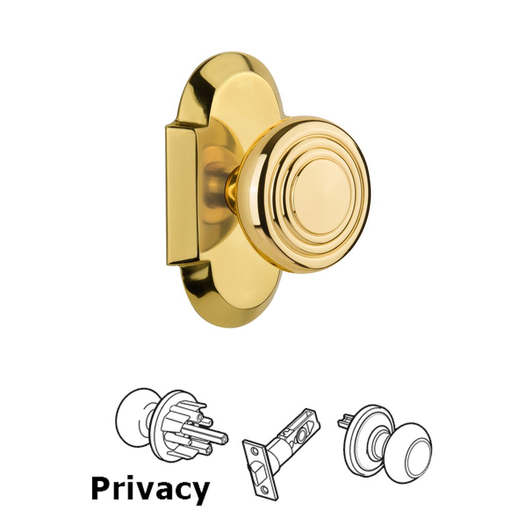 Complete Privacy Set Without Keyhole - Cottage Plate with Deco Knob in Polished Brass