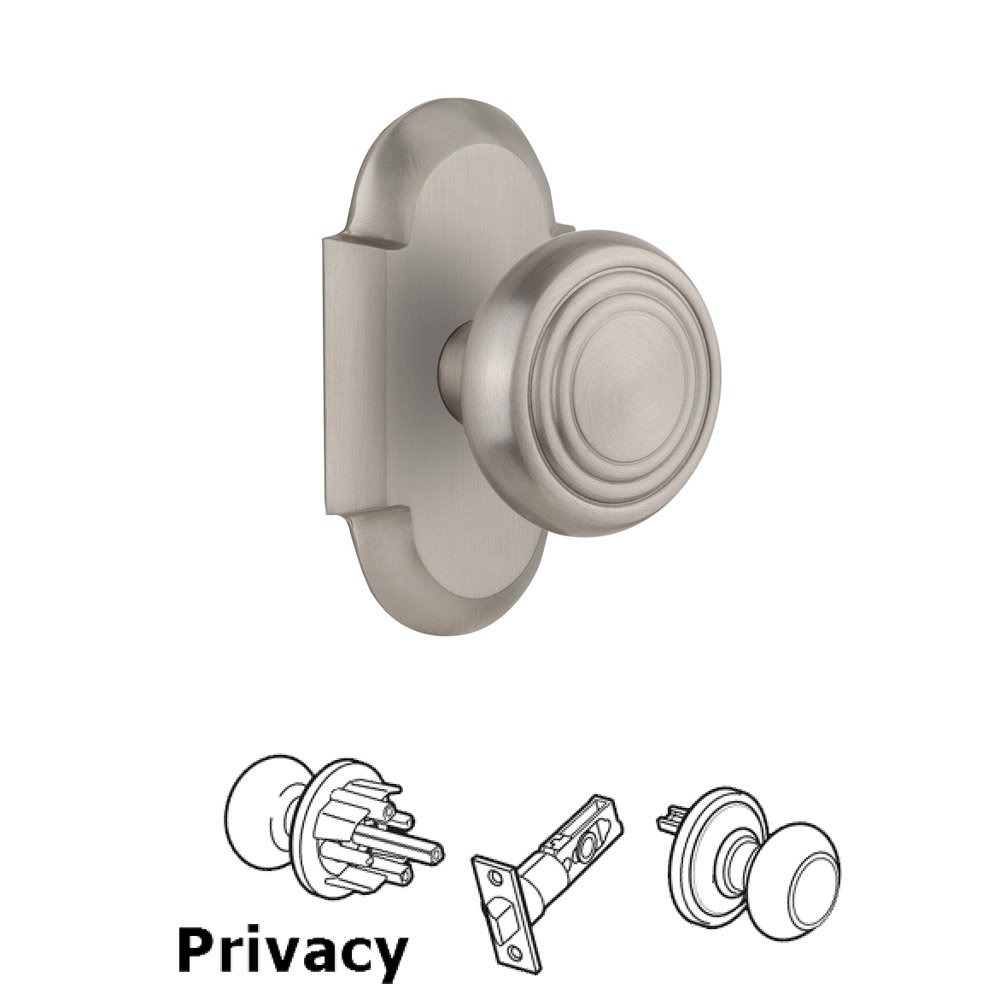 Complete Privacy Set Without Keyhole - Cottage Plate with Deco Knob in Satin Nickel