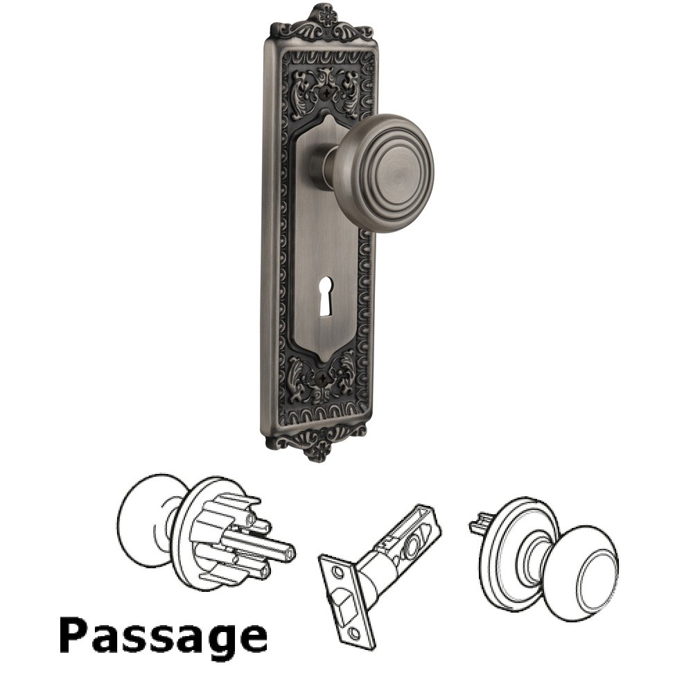 Complete Passage Set With Keyhole - Egg & Dart Plate with Deco Knob in Antique Pewter