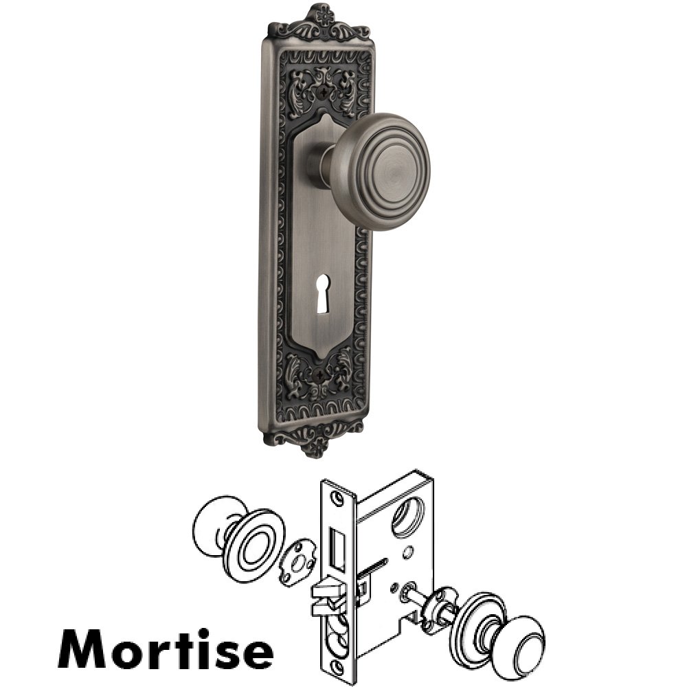 Complete Mortise Lockset - Egg & Dart Plate with Deco Knob in Antique Pewter