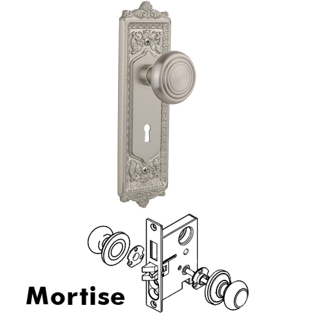 Complete Mortise Lockset - Egg & Dart Plate with Deco Knob in Satin Nickel