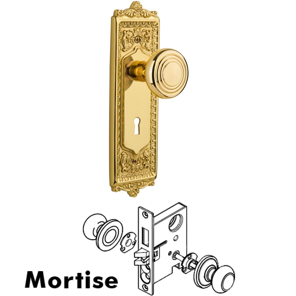 Complete Mortise Lockset - Egg & Dart Plate with Deco Knob in Unlacquered Brass