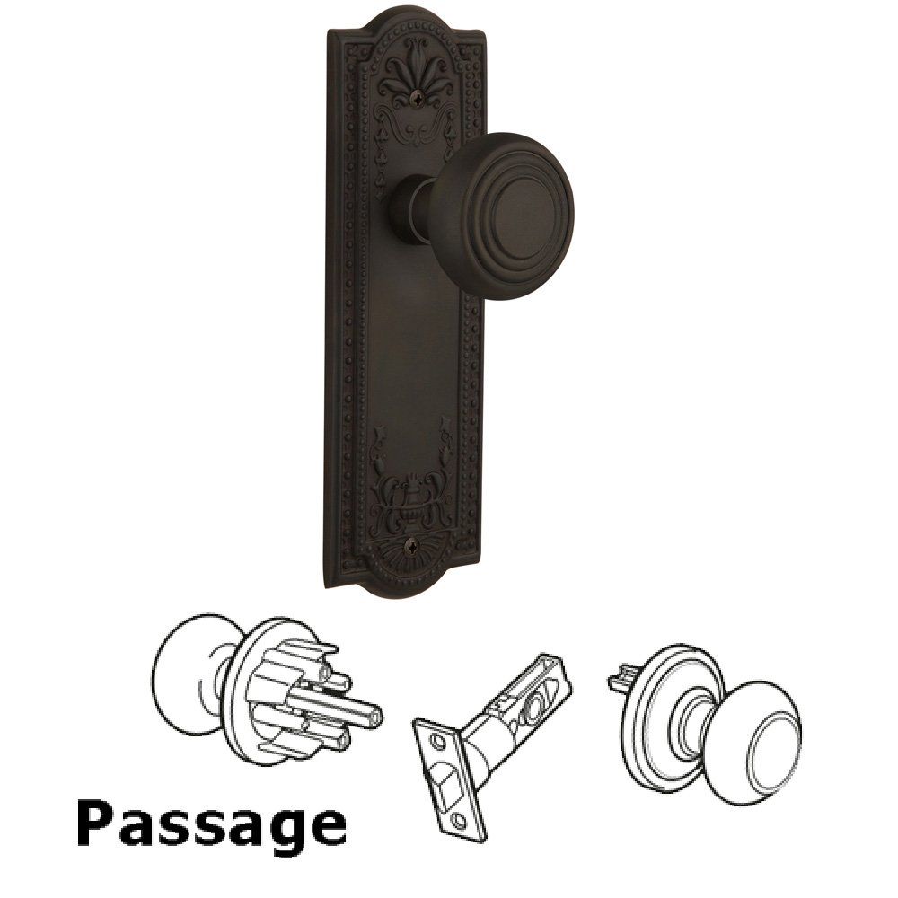 Complete Passage Set Without Keyhole - Meadows Plate with Deco Knob in Oil Rubbed Bronze