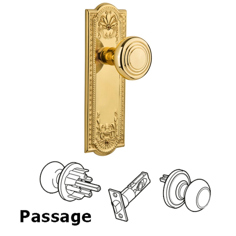 Complete Passage Set Without Keyhole - Meadows Plate with Deco Knob in Polished Brass