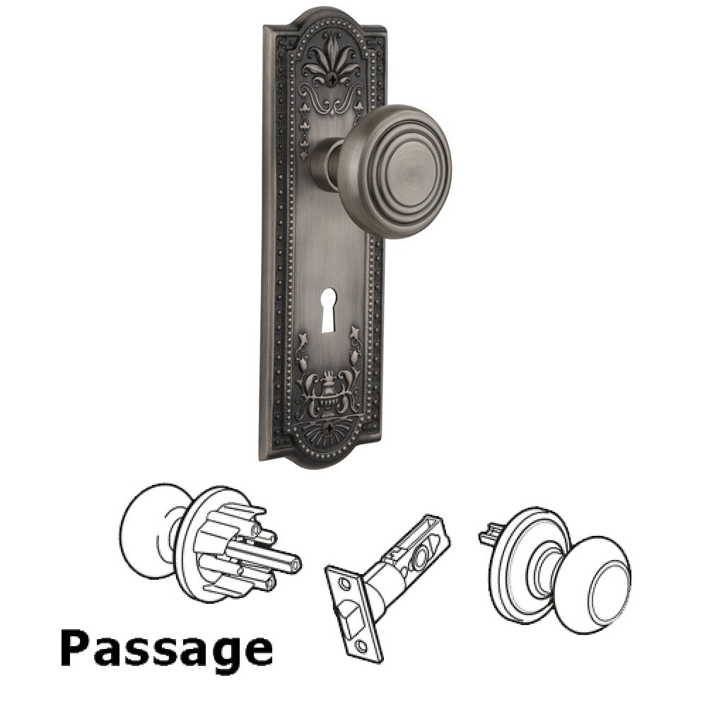 Complete Passage Set With Keyhole - Meadows Plate with Deco Knob in Antique Pewter
