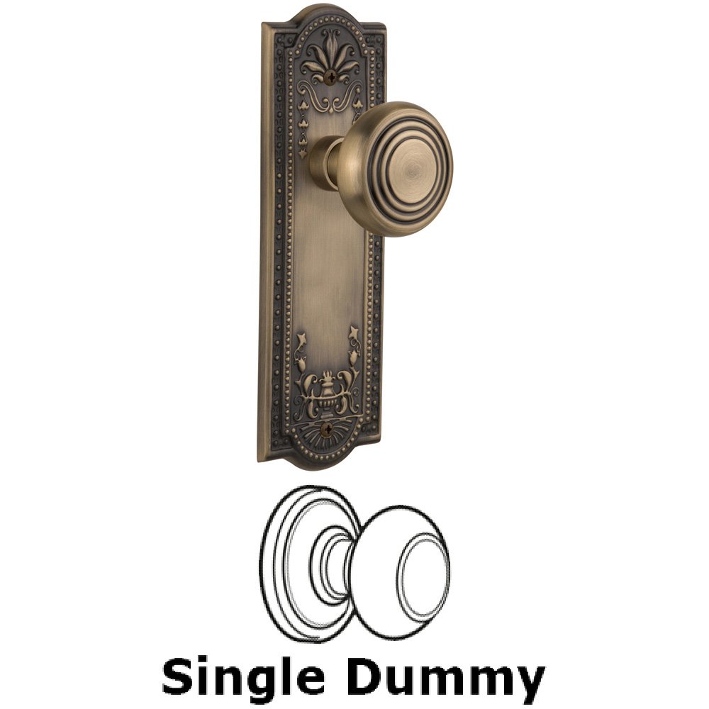 Single Dummy Knob Without Keyhole - Meadows Plate with Deco Knob in Antique Brass