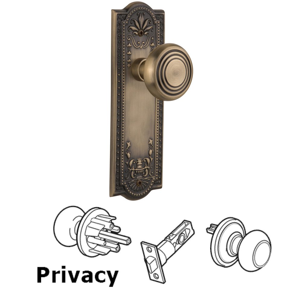 Complete Privacy Set Without Keyhole - Meadows Plate with Deco Knob in Antique Brass