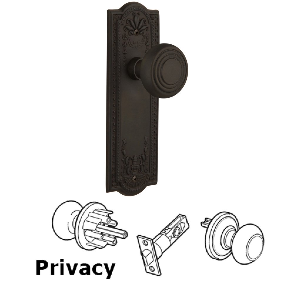 Complete Privacy Set Without Keyhole - Meadows Plate with Deco Knob in Oil Rubbed Bronze