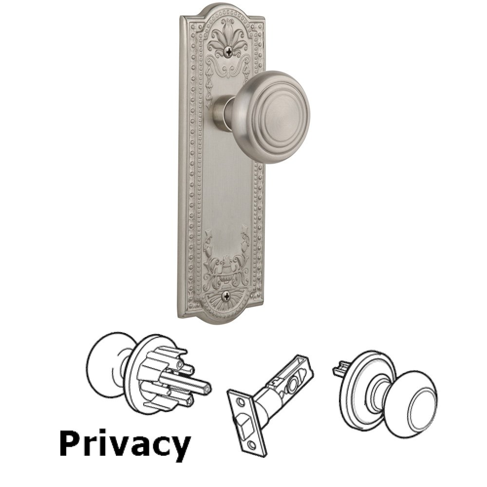Complete Privacy Set Without Keyhole - Meadows Plate with Deco Knob in Satin Nickel