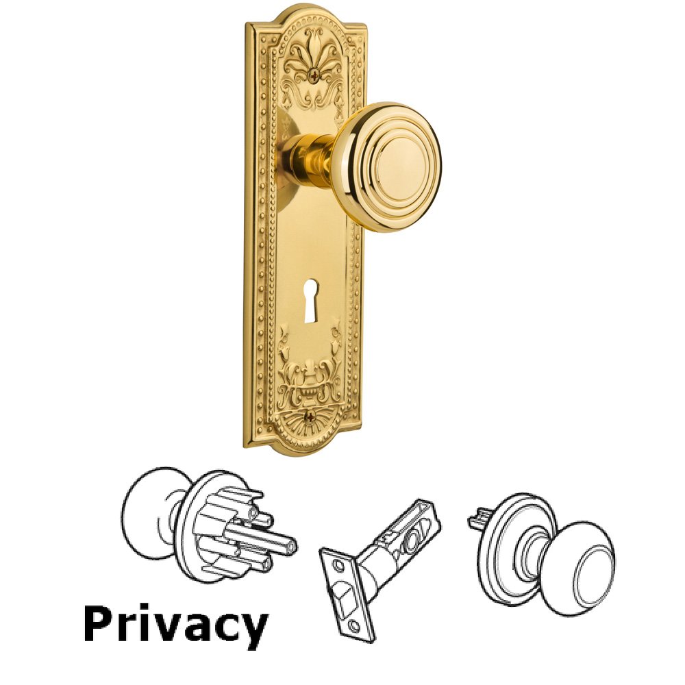 Complete Privacy Set With Keyhole - Meadows Plate with Deco Knob in Polished Brass