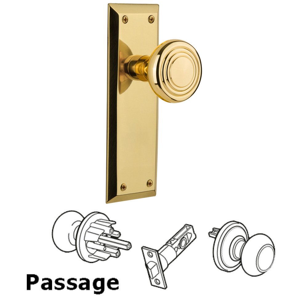 Complete Passage Set Without Keyhole - New York Plate with Deco Knob in Polished Brass