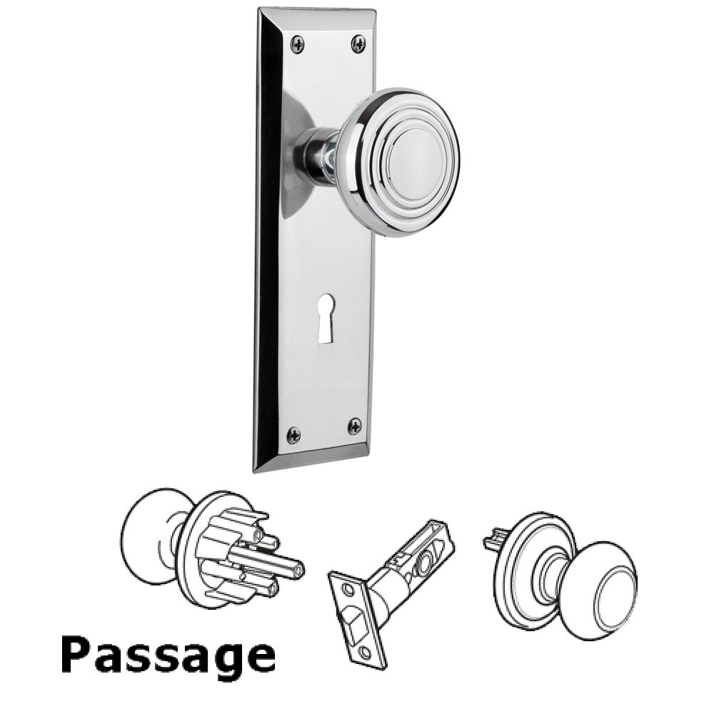 Complete Passage Set With Keyhole - New York Plate with Deco Knob in Bright Chrome