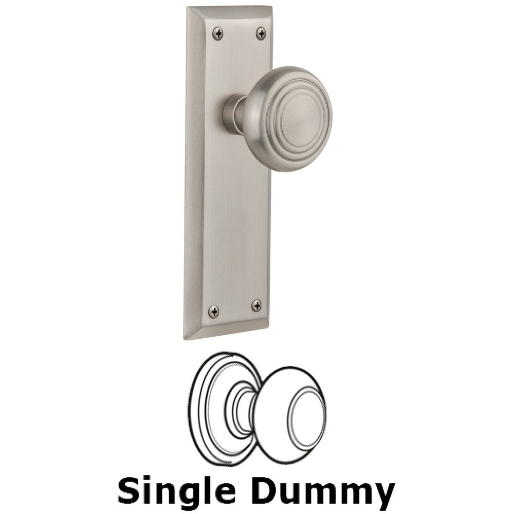 Single Dummy Knob Without Keyhole - New York Plate with Deco Knob in Satin Nickel