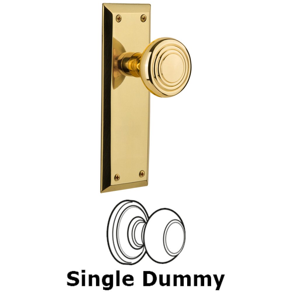 Single Dummy Knob Without Keyhole - New York Plate with Deco Knob in Unlacquered Brass