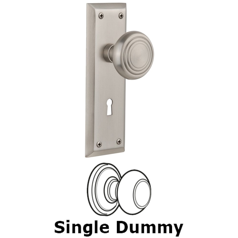 Single Dummy Knob With Keyhole - New York Plate with Deco Knob in Satin Nickel