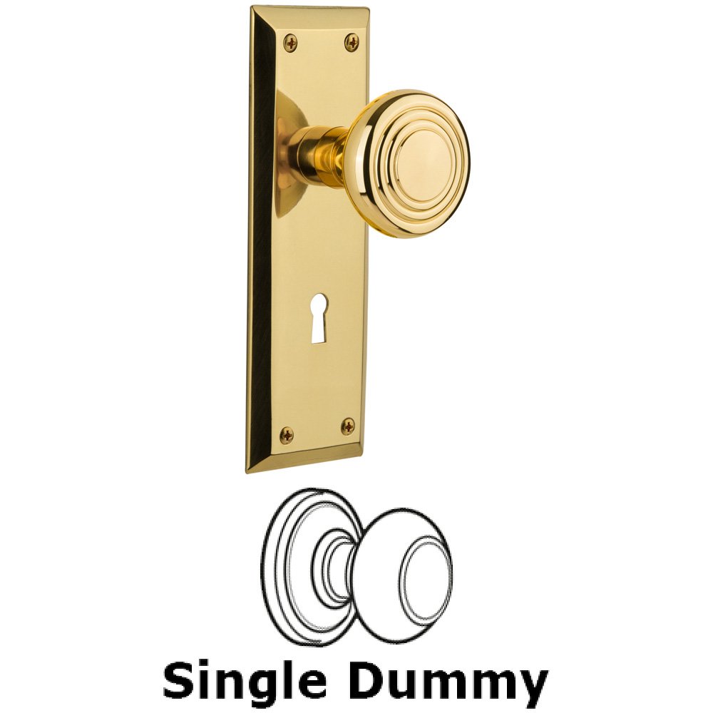 Single Dummy Knob With Keyhole - New York Plate with Deco Knob in Unlacquered Brass