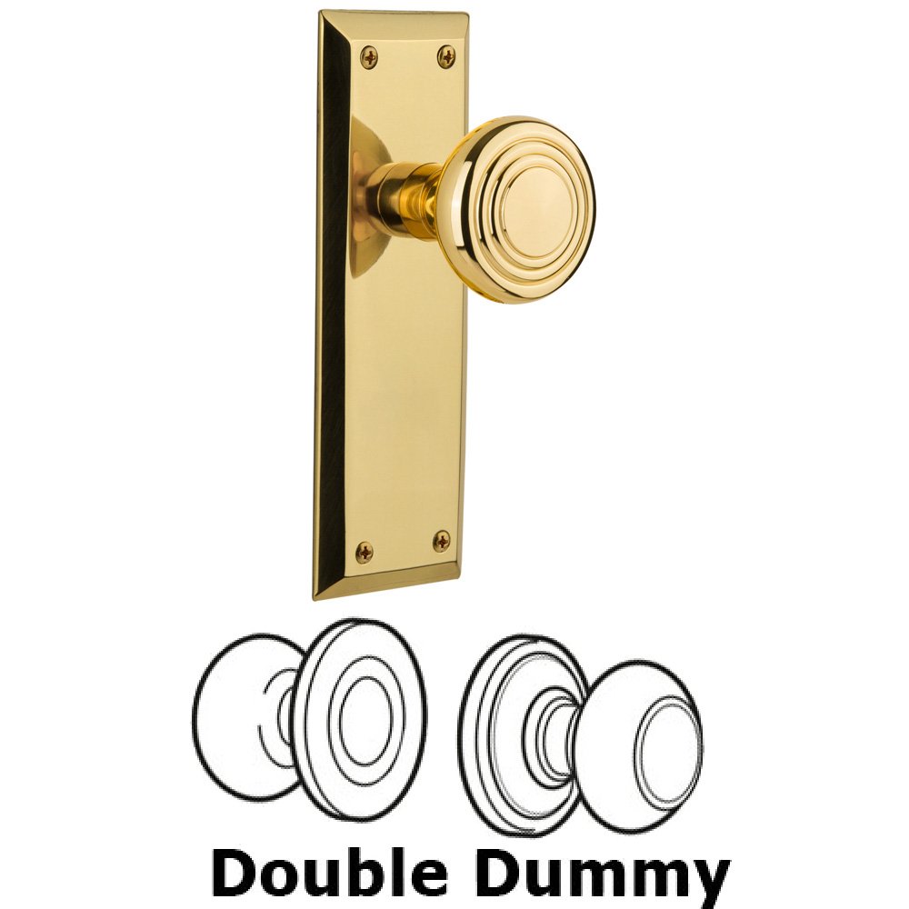 Double Dummy Set Without Keyhole - New York Plate with Deco Knob in Polished Brass