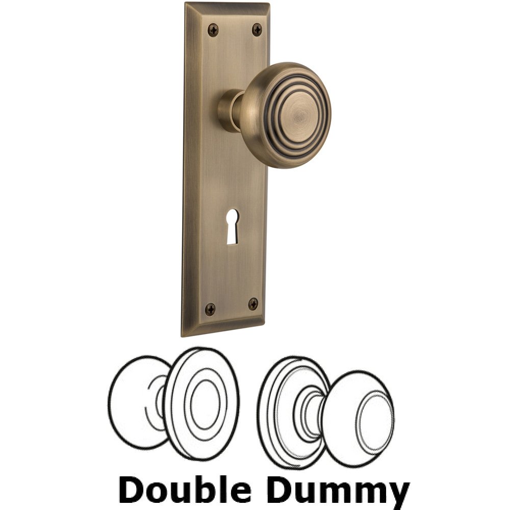 Double Dummy Set With Keyhole - New York Plate with Deco Knob in Antique Brass