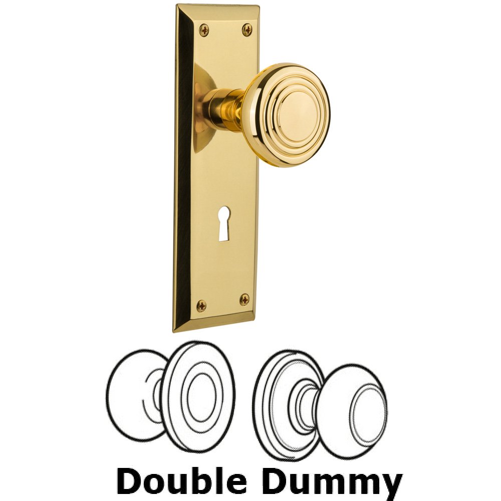 Double Dummy Set With Keyhole - New York Plate with Deco Knob in Unlacquered Brass