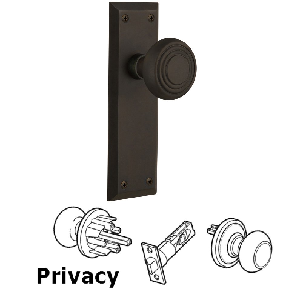 Complete Privacy Set Without Keyhole - New York Plate with Deco Knob in Oil Rubbed Bronze