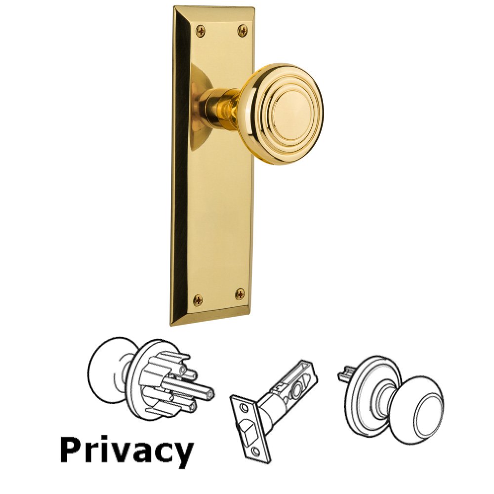 Privacy New York Plate with Deco Door Knob in Unlacquered Brass