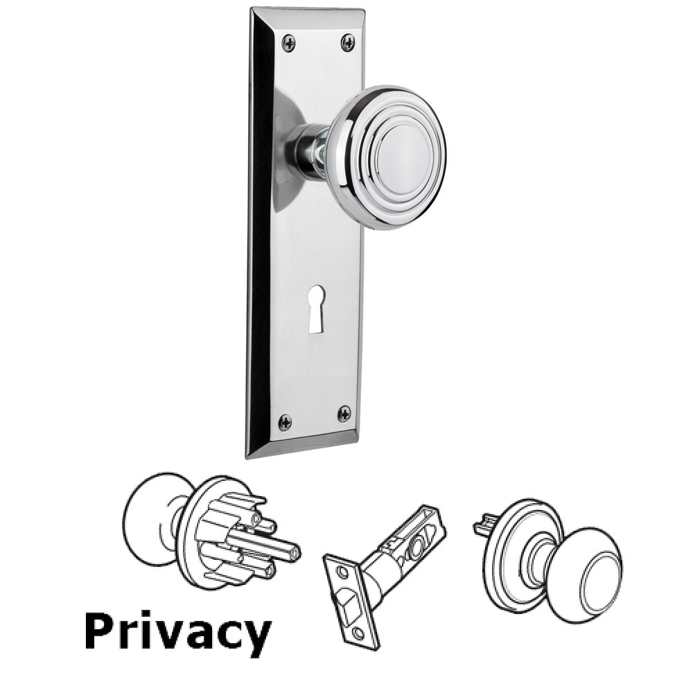 Complete Privacy Set With Keyhole - New York Plate with Deco Knob in Bright Chrome