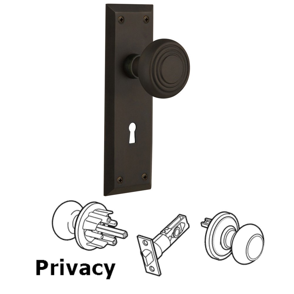 Complete Privacy Set With Keyhole - New York Plate with Deco Knob in Oil Rubbed Bronze