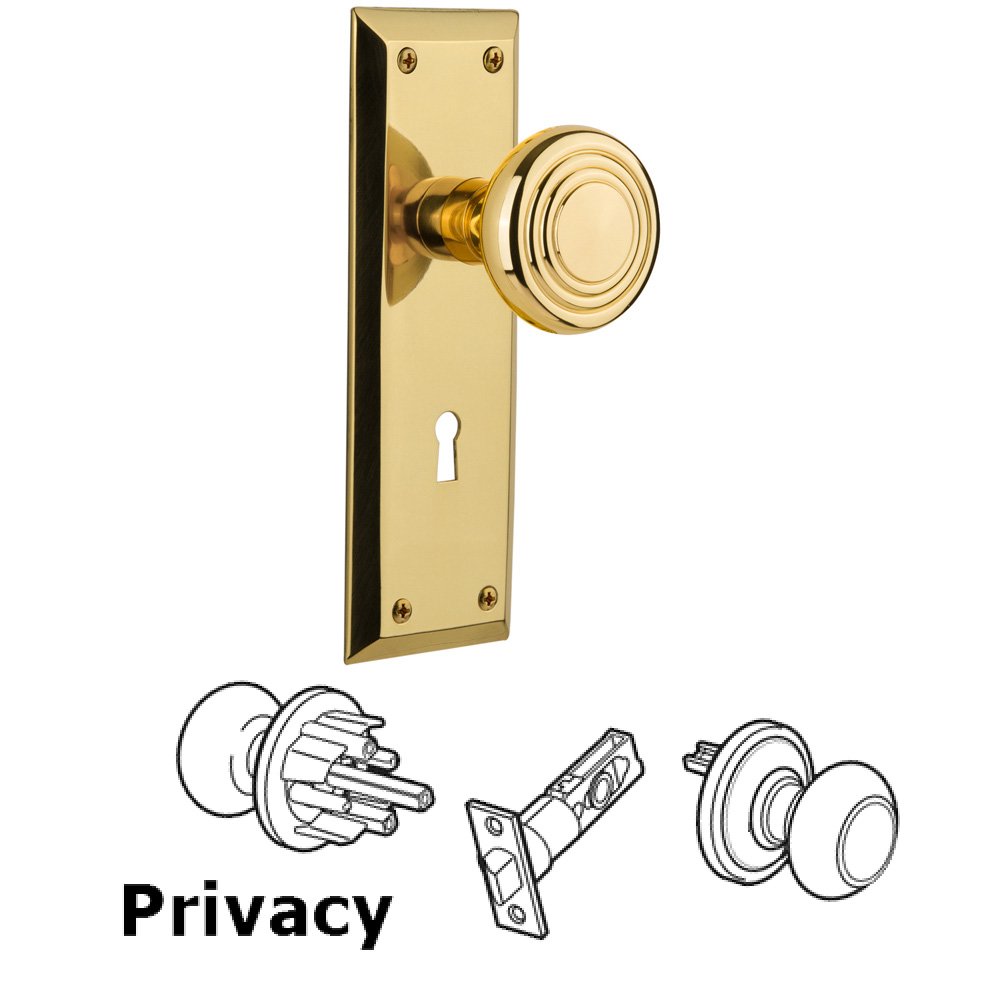 Complete Privacy Set With Keyhole - New York Plate with Deco Knob in Polished Brass