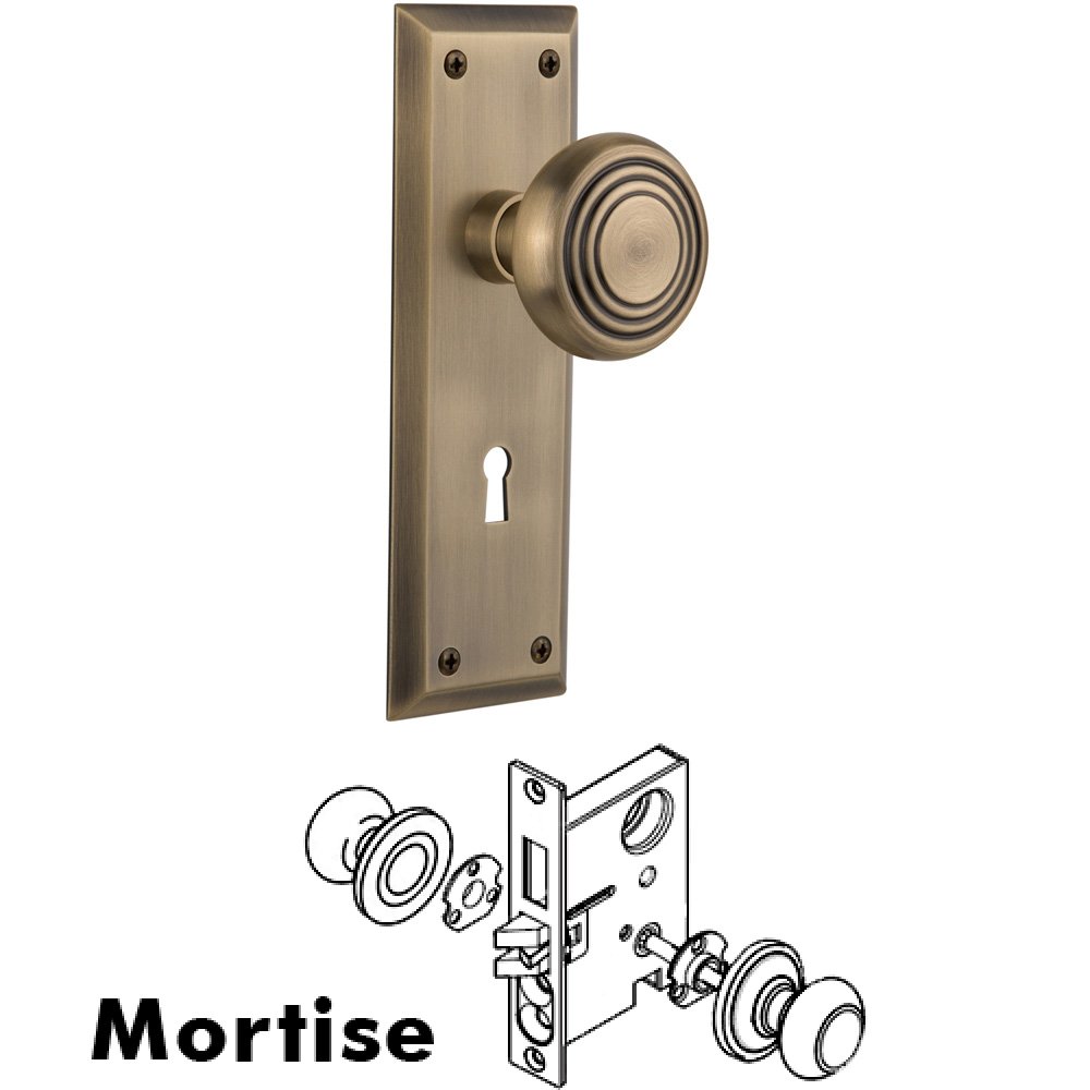 Complete Mortise Lockset - New York Plate with Deco Knob in Antique Brass