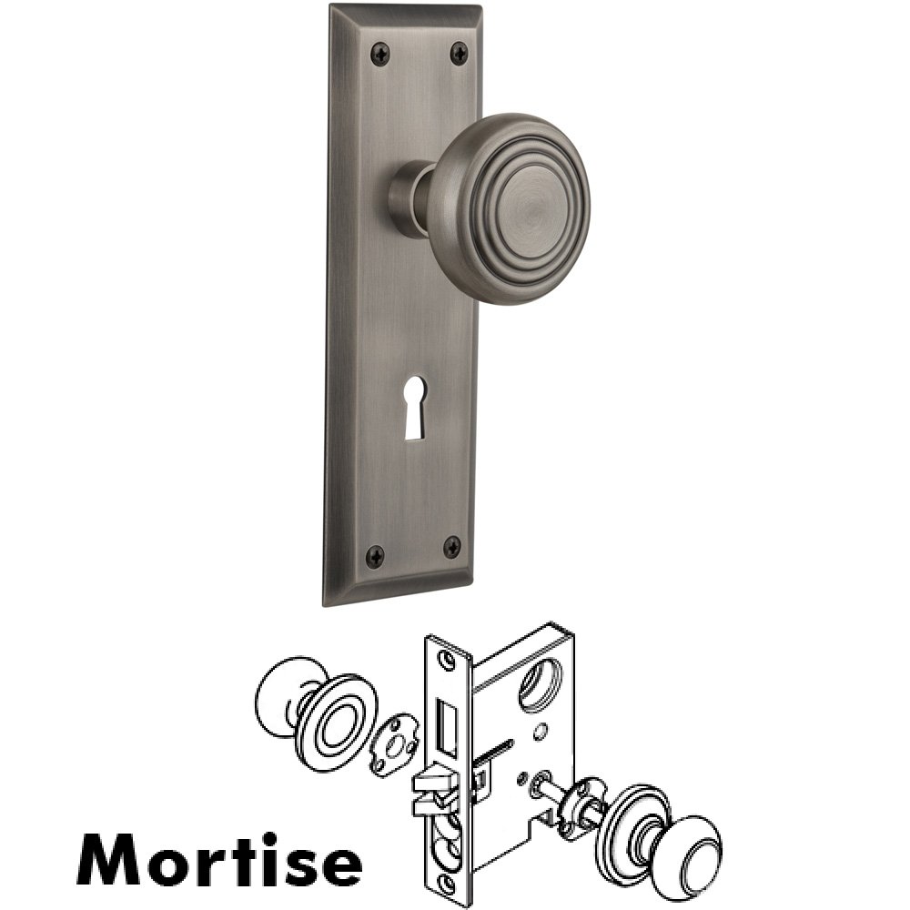 Complete Mortise Lockset - New York Plate with Deco Knob in Antique Pewter