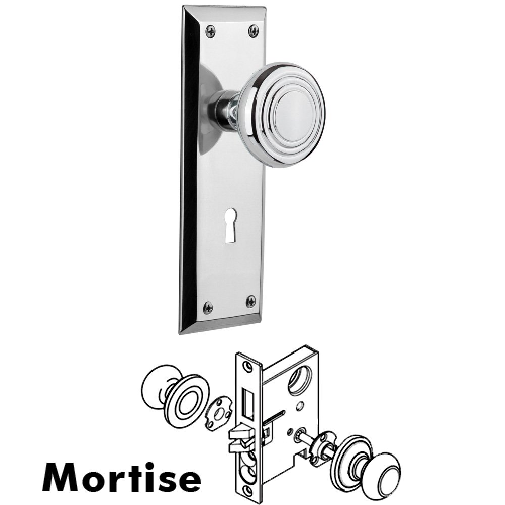 Complete Mortise Lockset - New York Plate with Deco Knob in Bright Chrome