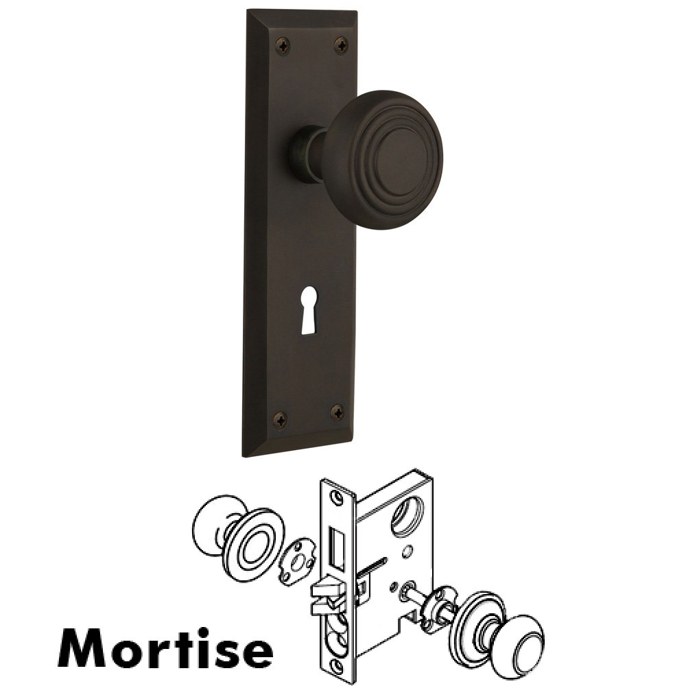 Complete Mortise Lockset - New York Plate with Deco Knob in Oil Rubbed Bronze