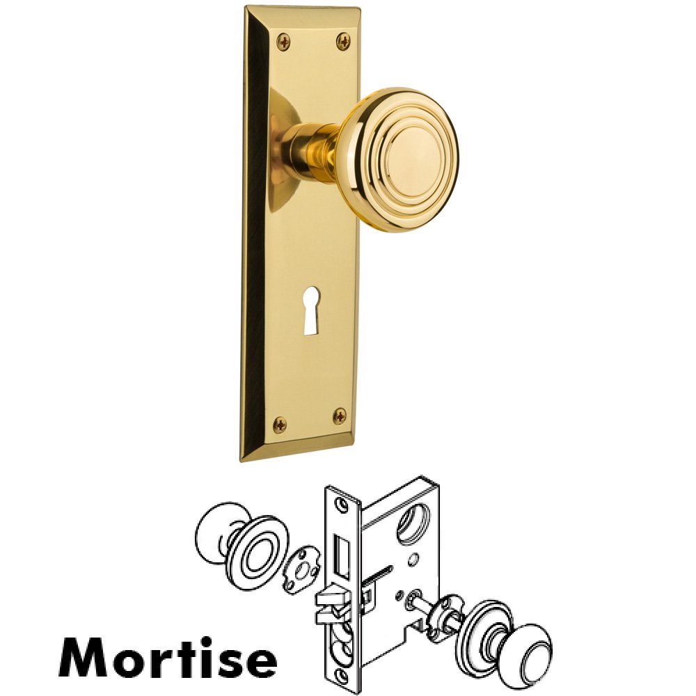 Complete Mortise Lockset - New York Plate with Deco Knob in Polished Brass