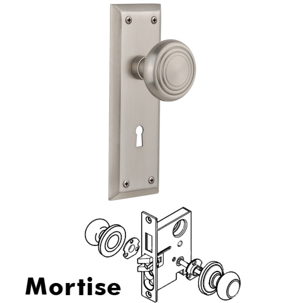 Complete Mortise Lockset - New York Plate with Deco Knob in Satin Nickel