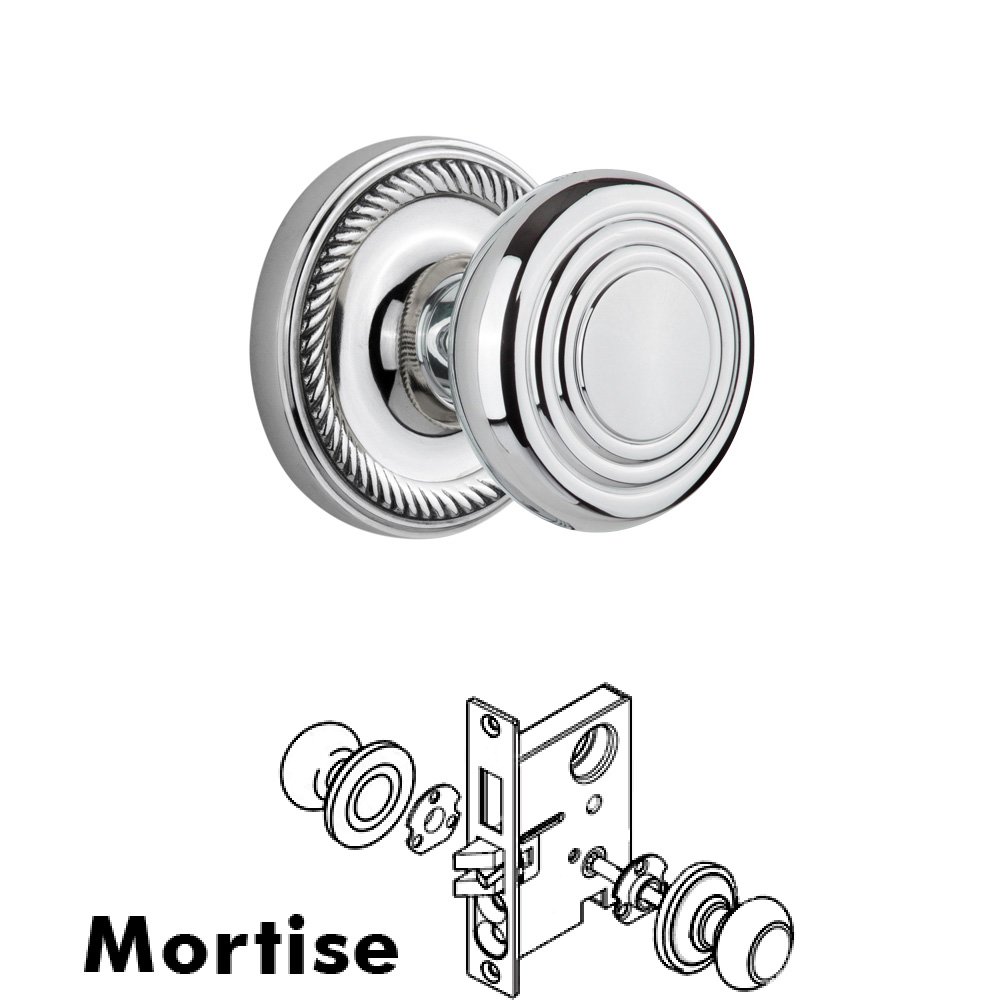 Complete Mortise Lockset - Rope Rosette with Deco Knob in Bright Chrome