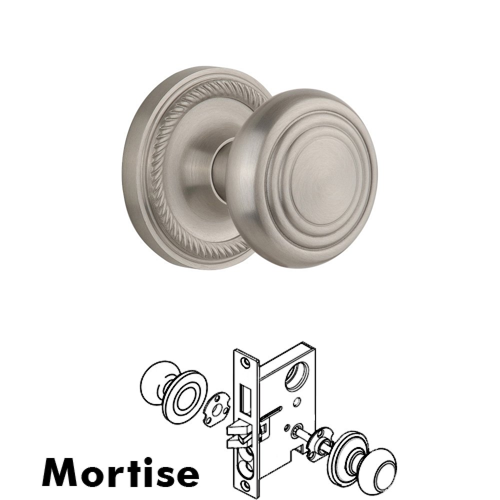 Complete Mortise Lockset - Rope Rosette with Deco Knob in Satin Nickel