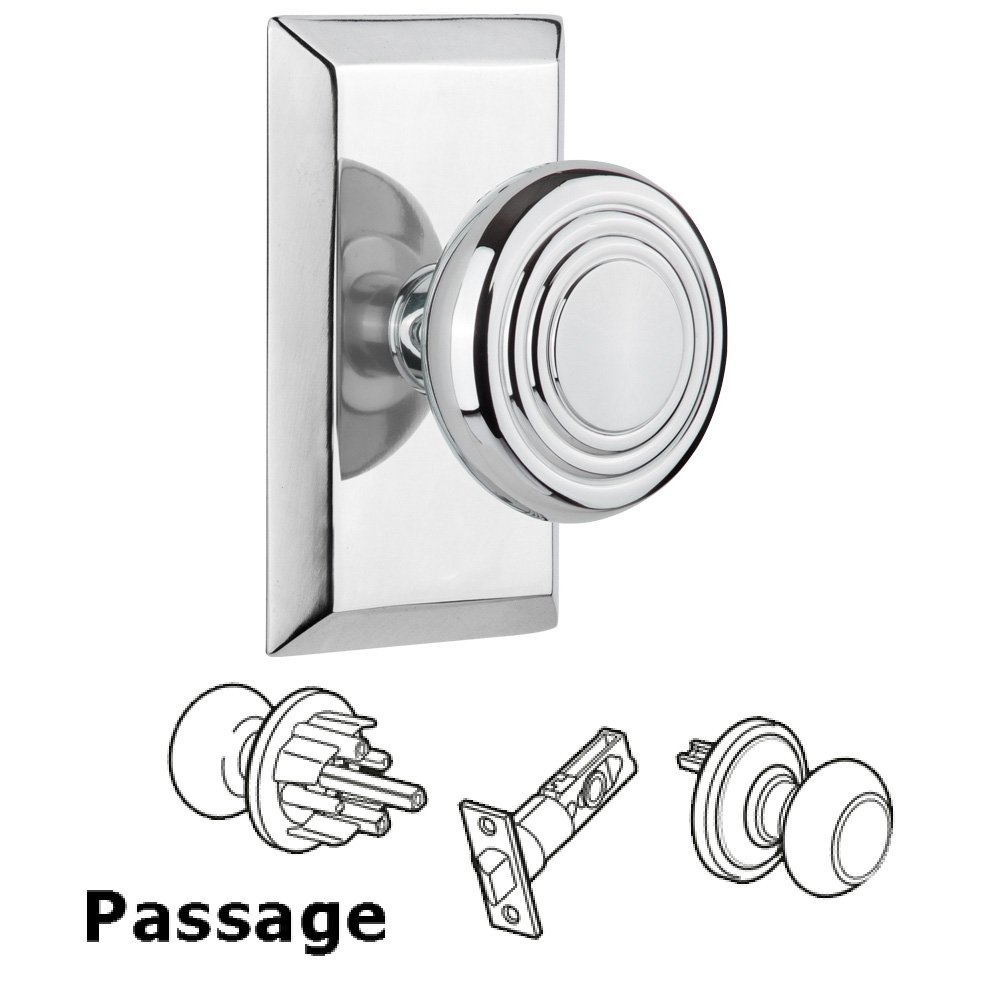Complete Passage Set Without Keyhole - Studio Plate with Deco Knob in Bright Chrome