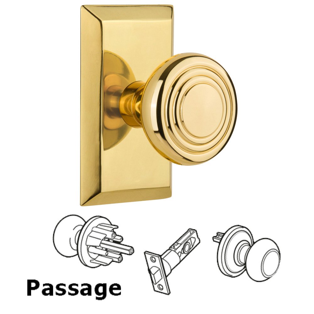 Complete Passage Set Without Keyhole - Studio Plate with Deco Knob in Polished Brass