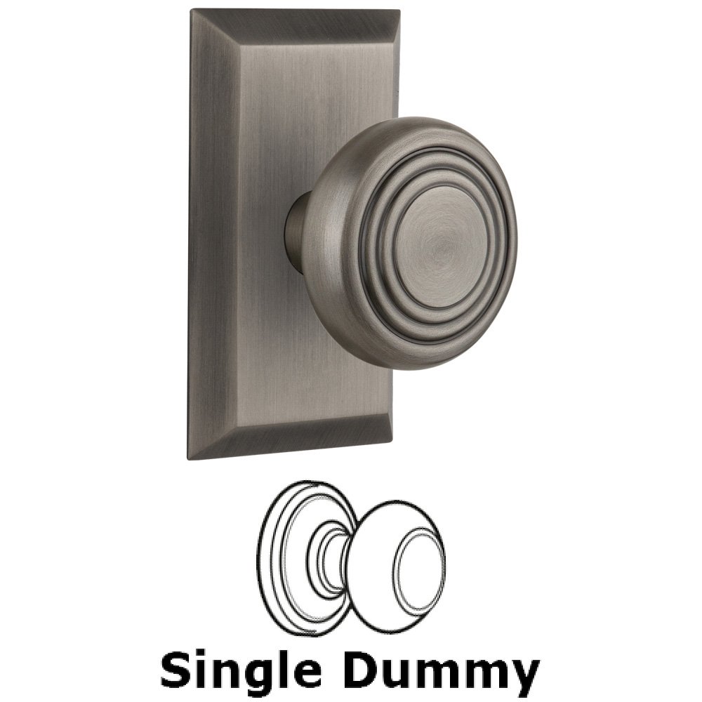 Single Dummy Knob Without Keyhole - Studio Plate with Deco Knob in Antique Pewter
