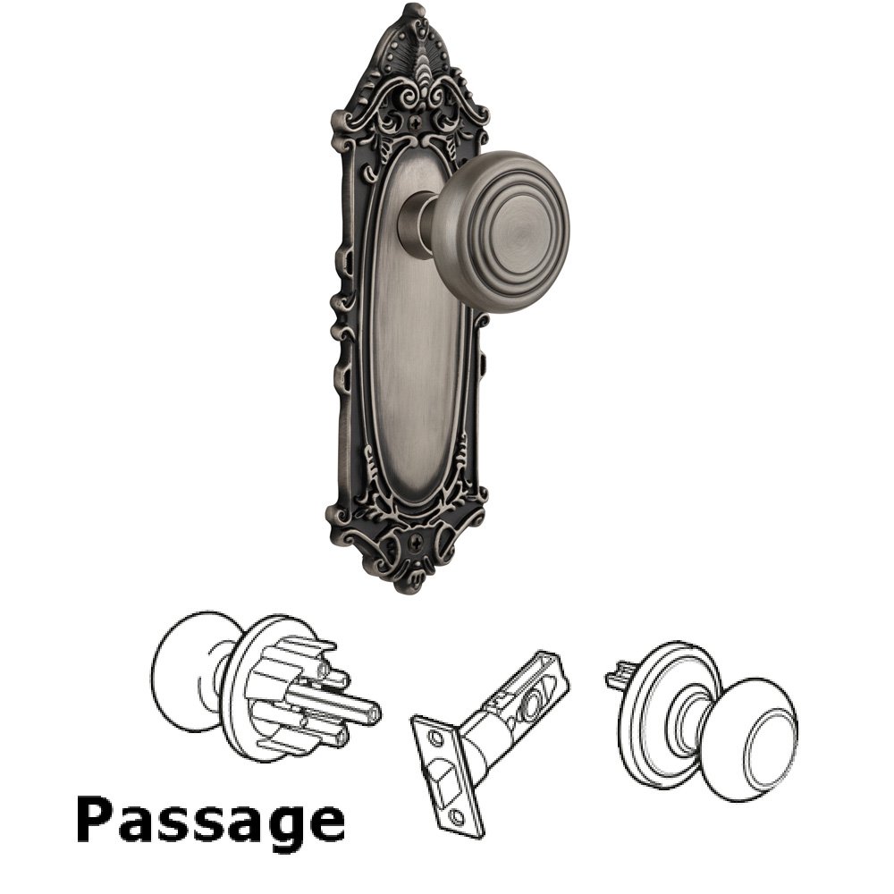 Complete Passage Set Without Keyhole - Victorian Plate with Deco Knob in Antique Pewter