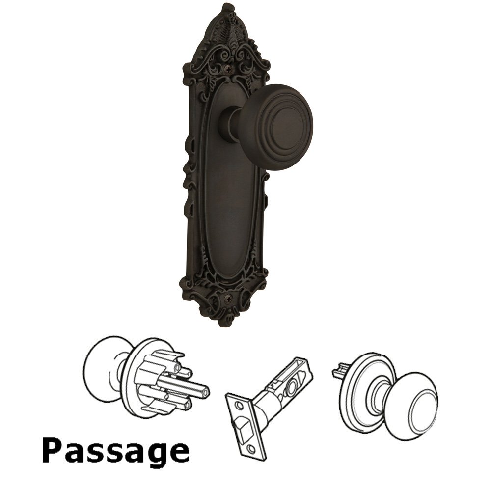 Complete Passage Set Without Keyhole - Victorian Plate with Deco Knob in Oil Rubbed Bronze