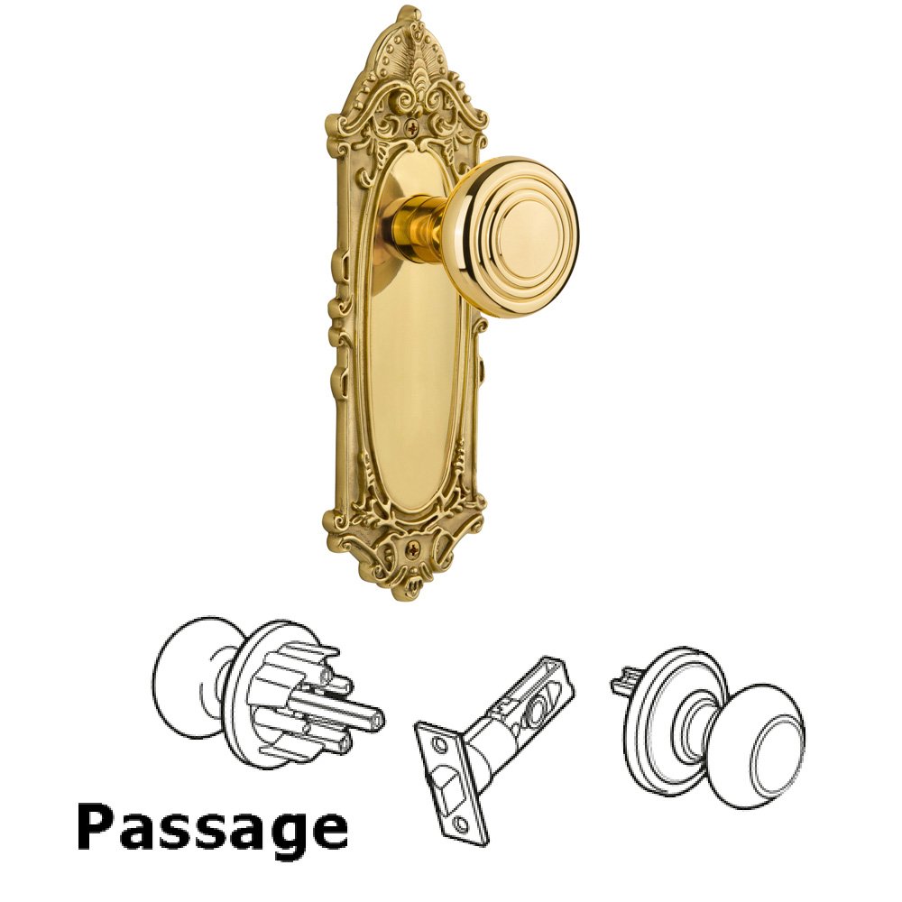 Complete Passage Set Without Keyhole - Victorian Plate with Deco Knob in Polished Brass