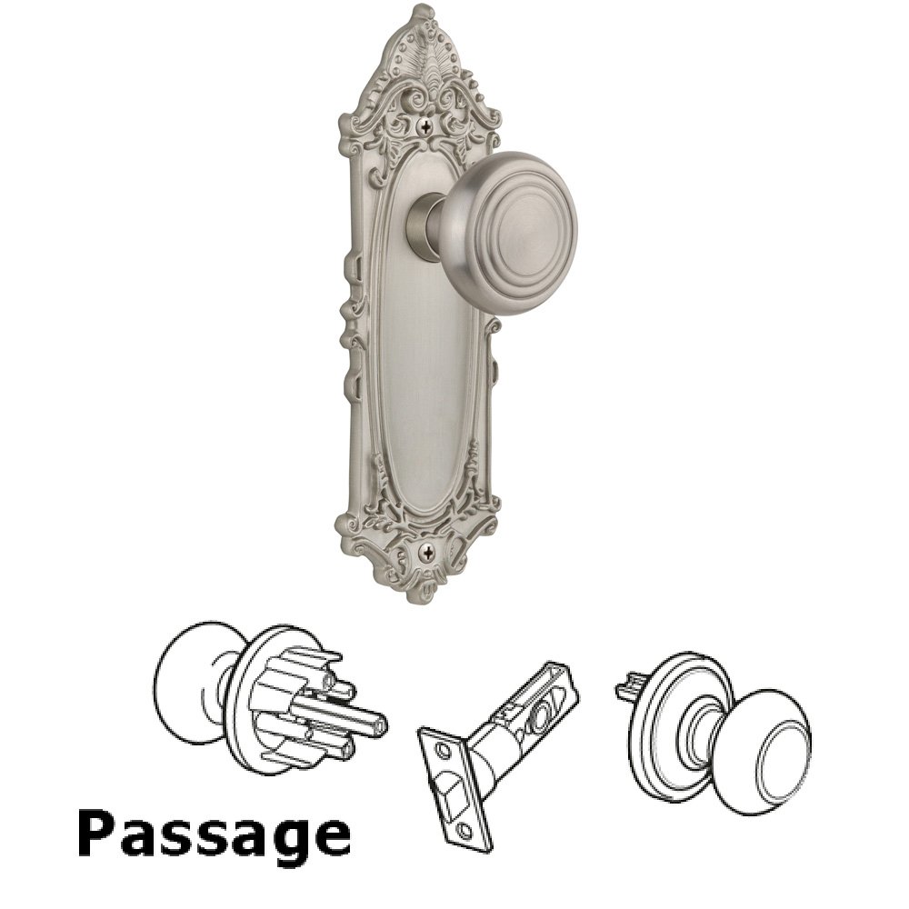 Complete Passage Set Without Keyhole - Victorian Plate with Deco Knob in Satin Nickel