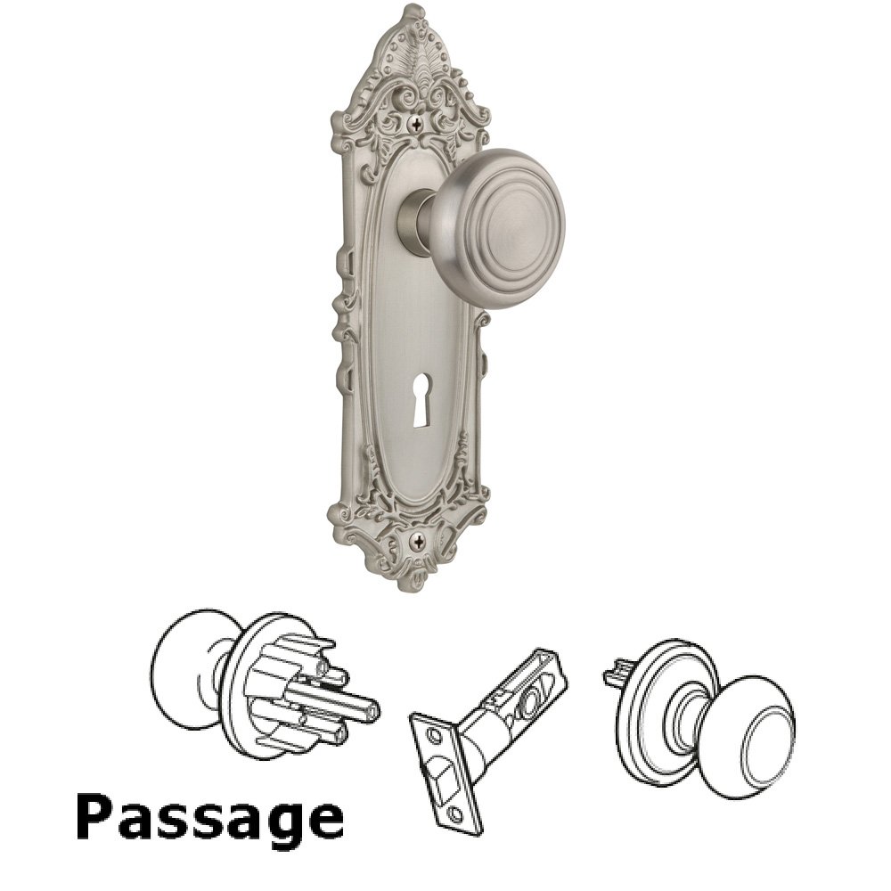 Passage Victorian Plate with Keyhole and Deco Door Knob in Satin Nickel