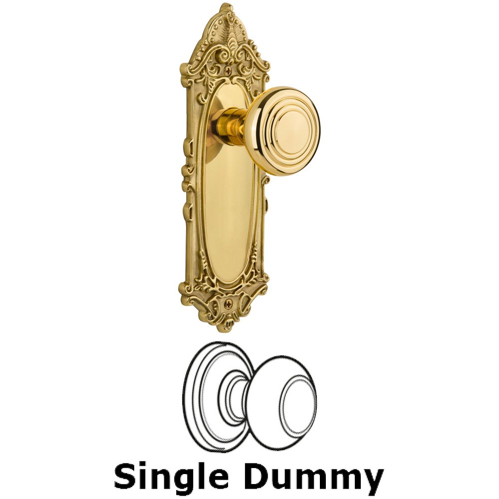 Single Dummy Knob Without Keyhole - Victorian Plate with Deco Knob in Polished Brass