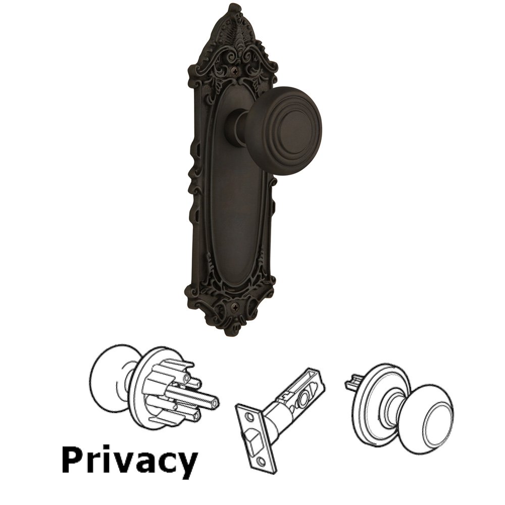 Complete Privacy Set Without Keyhole - Victorian Plate with Deco Knob in Oil Rubbed Bronze